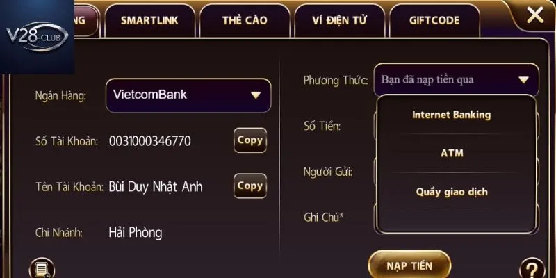 Nạp tiền thông qua ngân hàng chỉ với vài thao tác khá đơn giản
